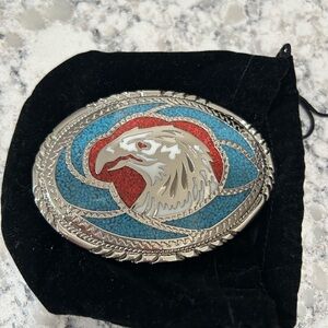 VINTAGE AMERICAN EAGLE BELT BUCKLE GENUINE TURQUOISE, CORAL & JET MOSAIC INLAY